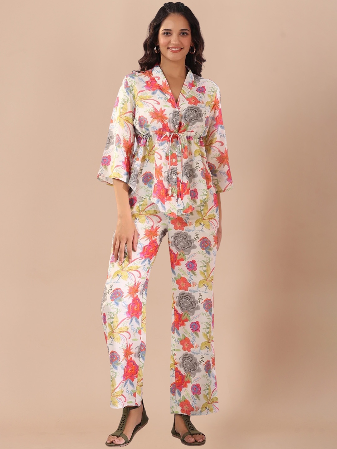 

SIDYAL Floral Printed Top With Straight Trousers, Off white