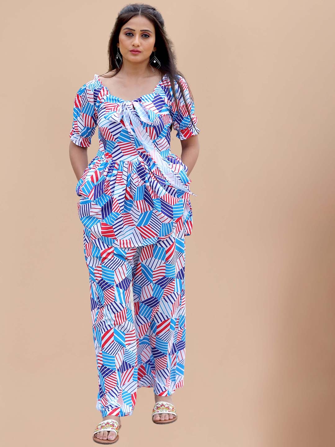 

SIDYAL Printed Sweetheart Neck Top With Palazzos, Blue