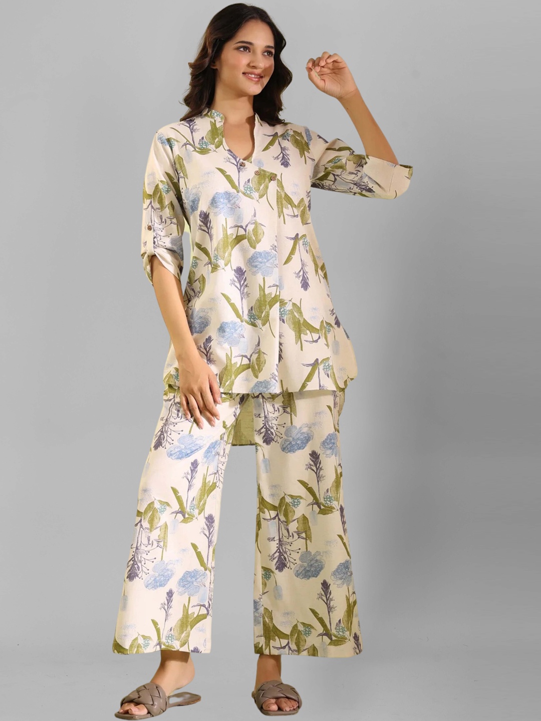 

SIDYAL Floral Printed Top With Straight Trousers, Cream