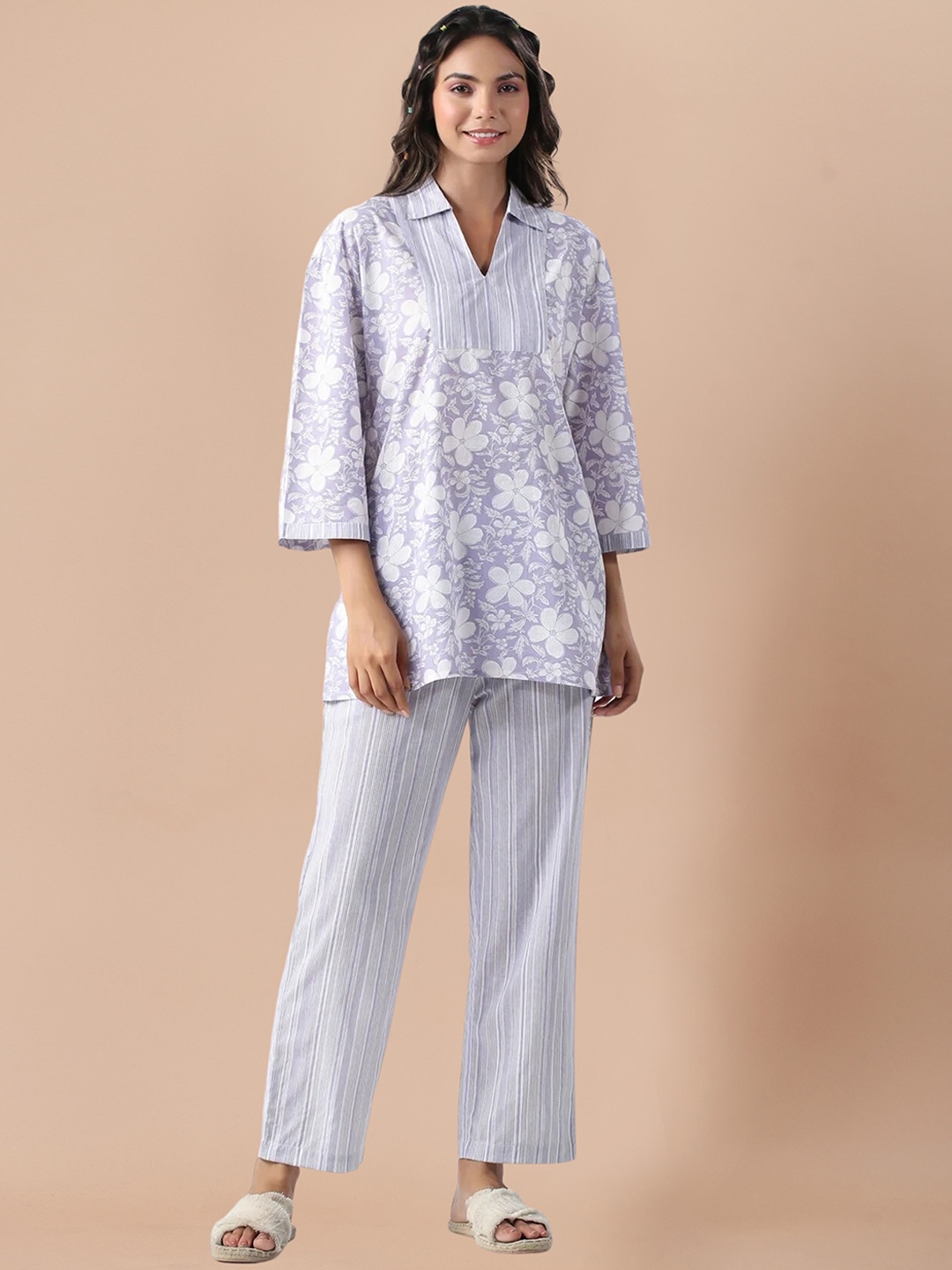 

SIDYAL Printed Shirt Collar Top With Trousers, Violet