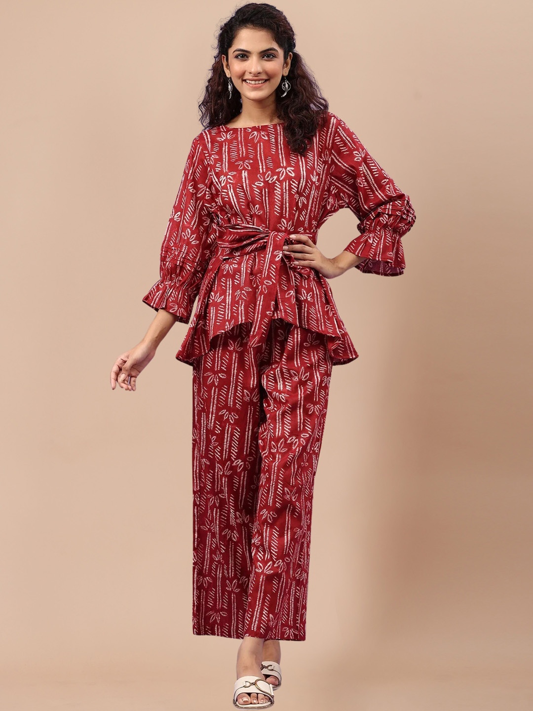 

SIDYAL Printed Boat Neck Top With Trousers, Maroon