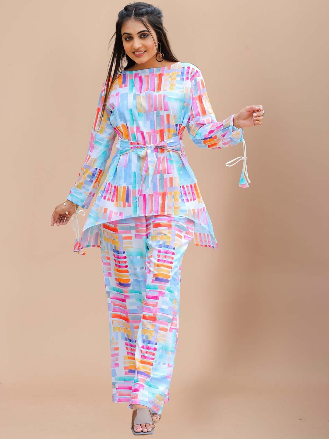 

SIDYAL Printed Boat Neck Long Sleeve Top With Trousers, Blue