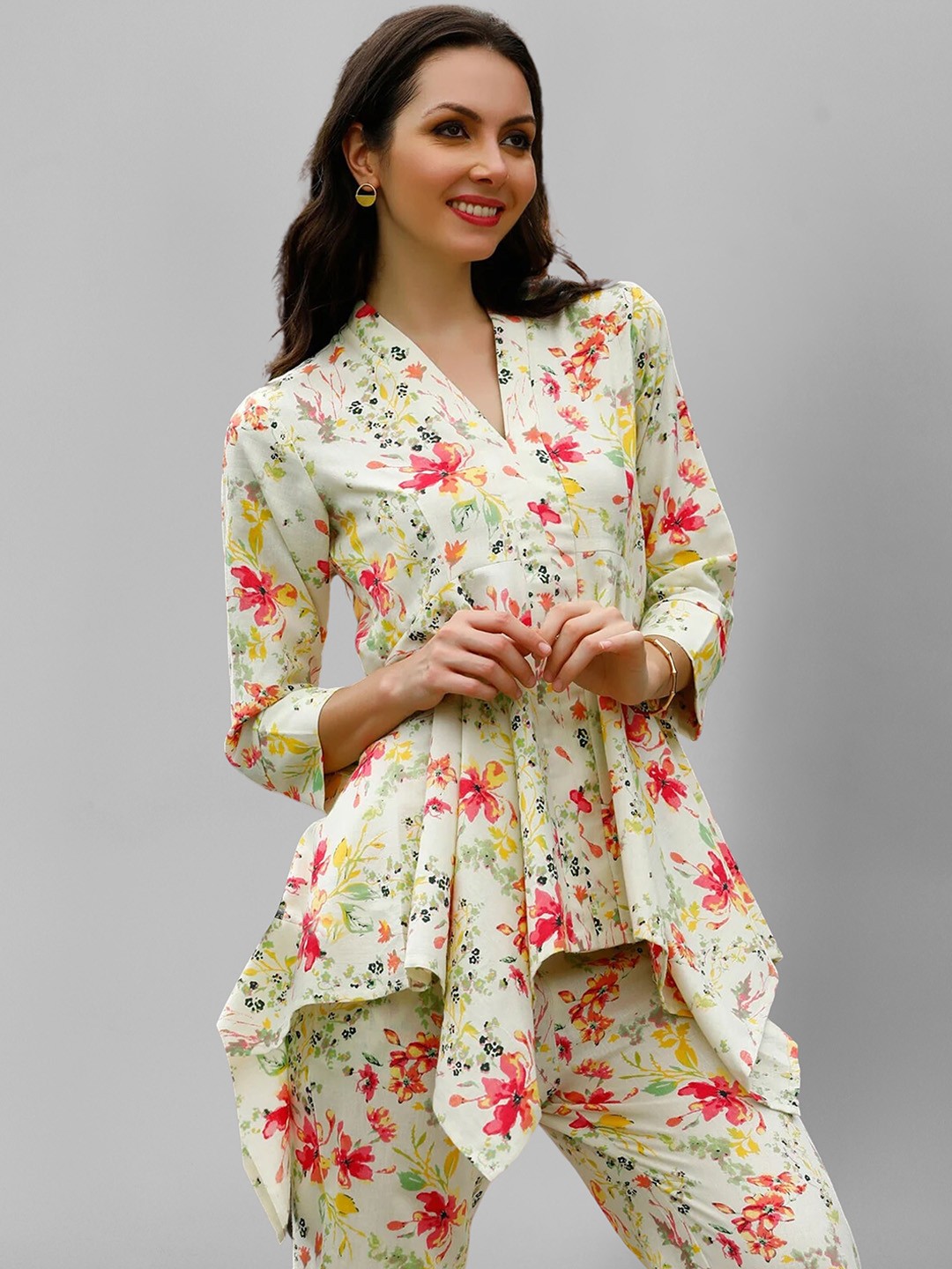 

SIDYAL Printed V-Neck Top With Trousers, Cream