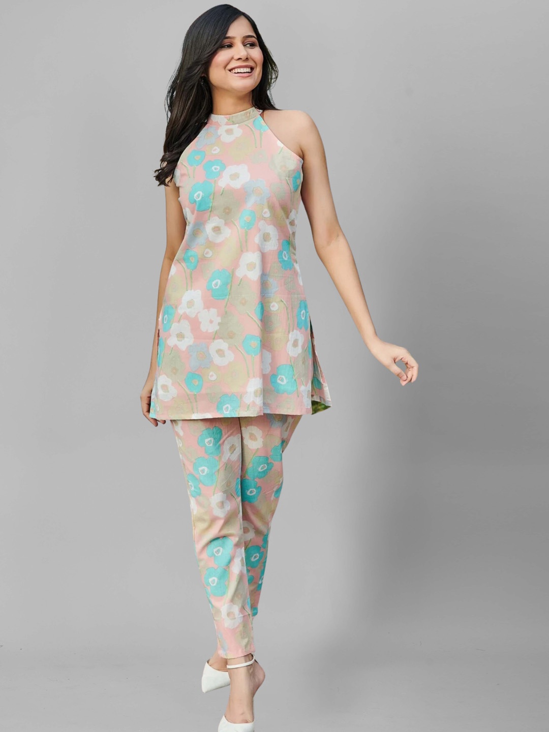 

SIDYAL Floral Printed Choker Neck Regular Kurti With Trousers, Grey
