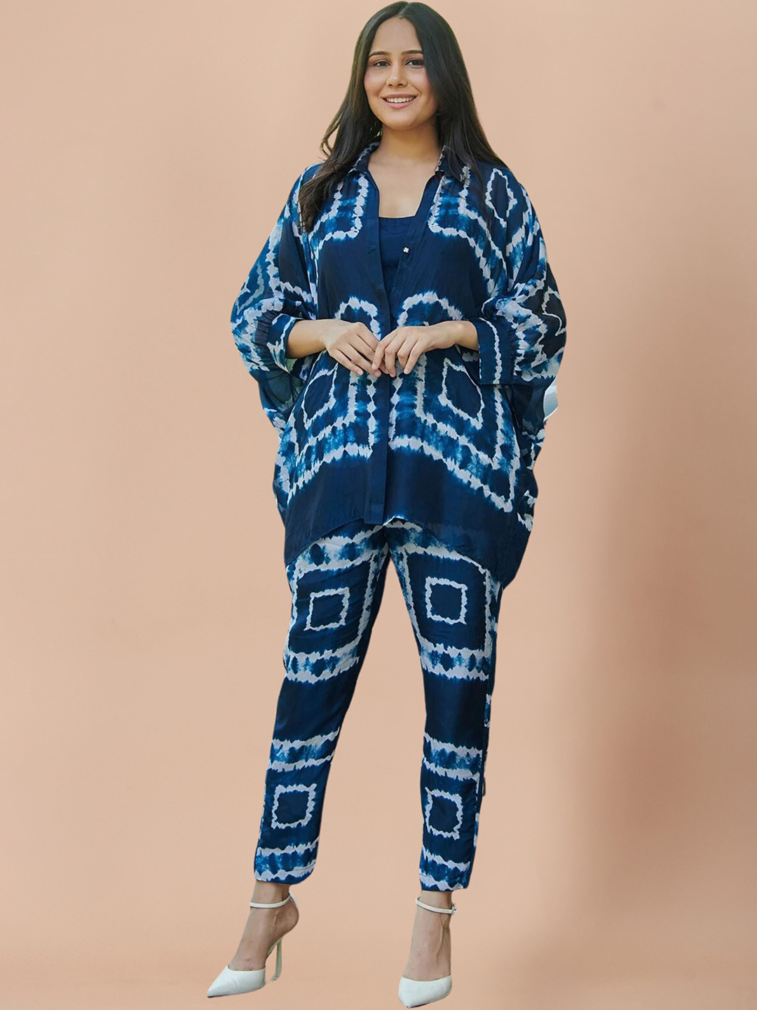 

SIDYAL Tie & Dye Printed Shirt Collar Shirt With Trousers, Navy blue