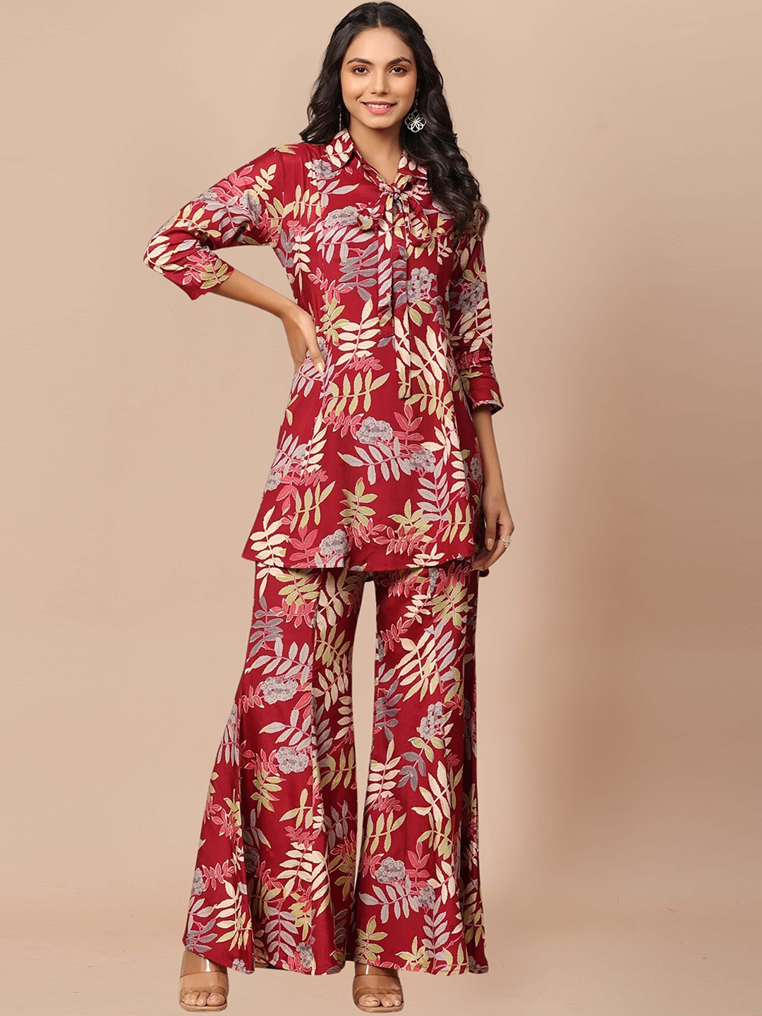 

SIDYAL Floral Printed Shirt Collar Kurti With Palazzos, Maroon