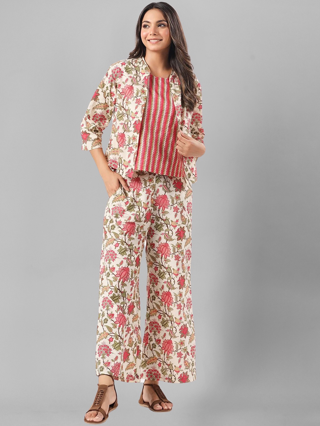 

SIDYAL Floral Printed Mandarin Collar Top & Jacket With Printed Trousers, Pink