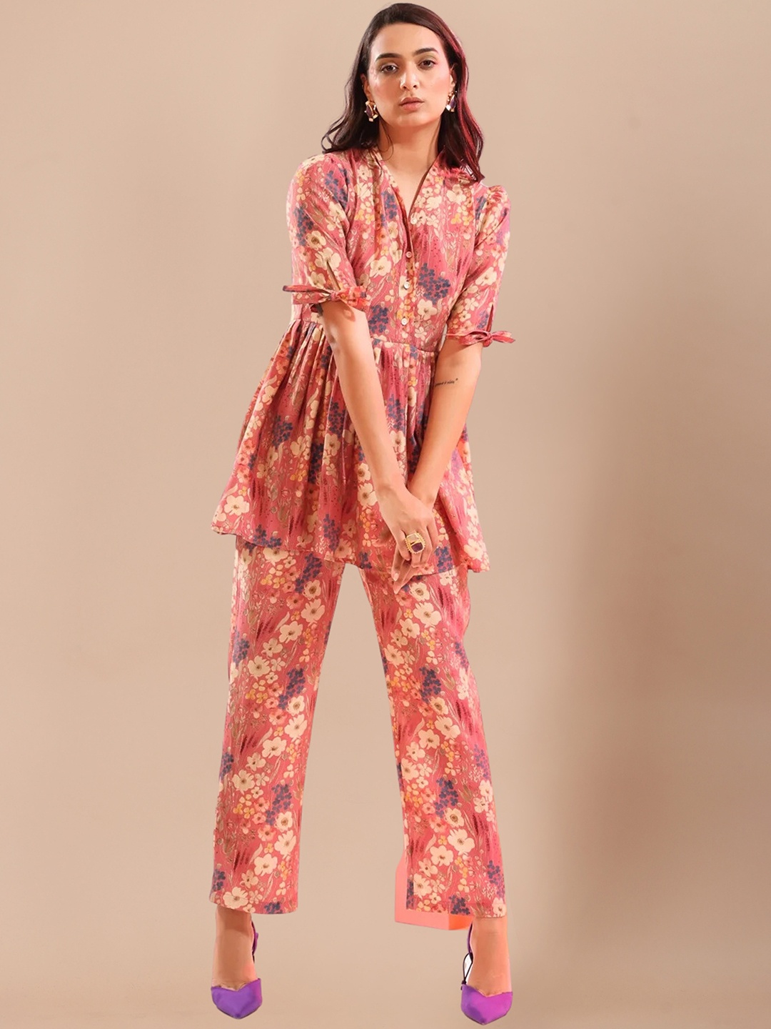 

SIDYAL Printed Top With Straight Trousers, Pink