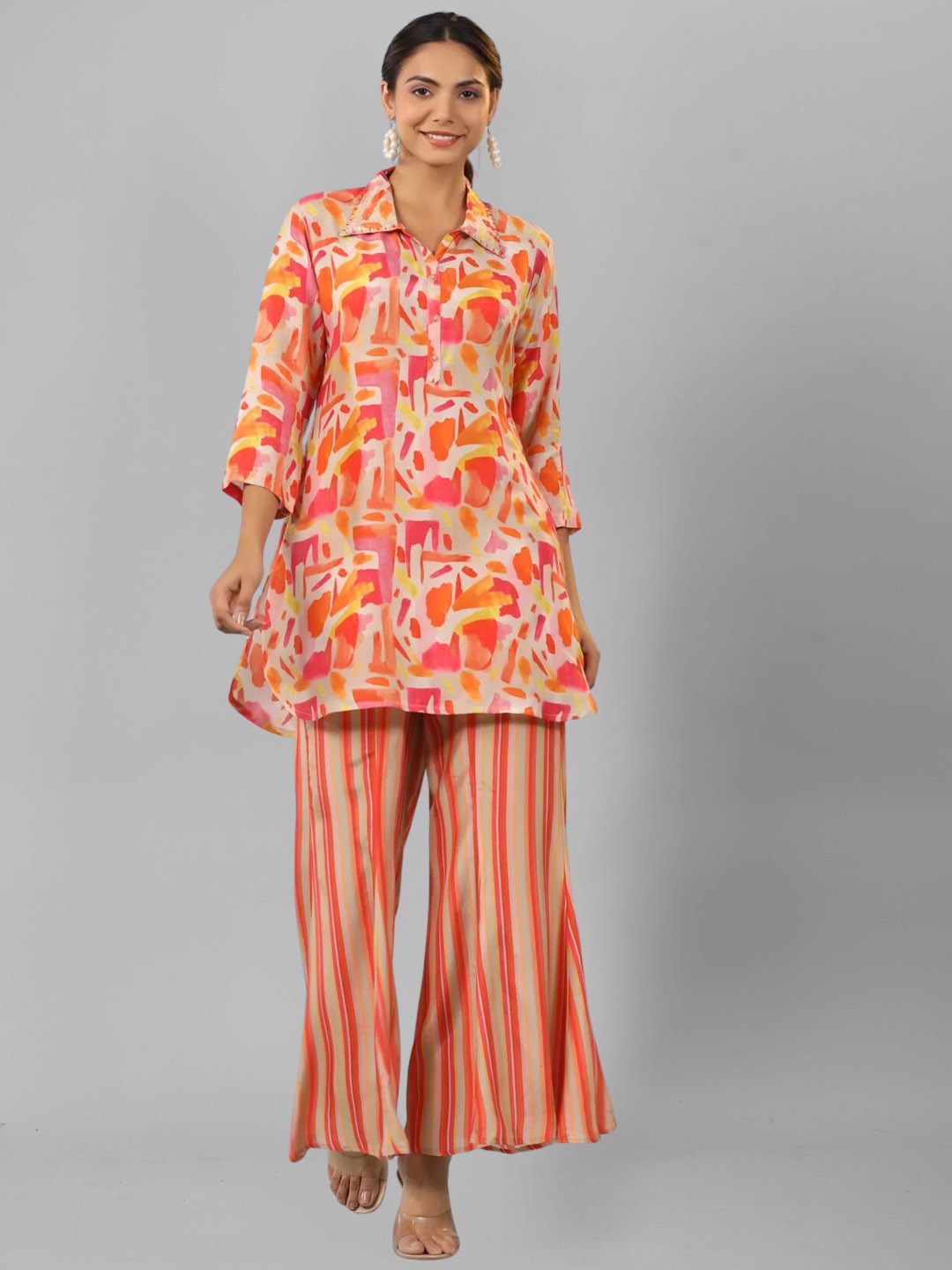 

SIDYAL Abstract Printed Shirt Collar Kurti With Palazzos, Orange