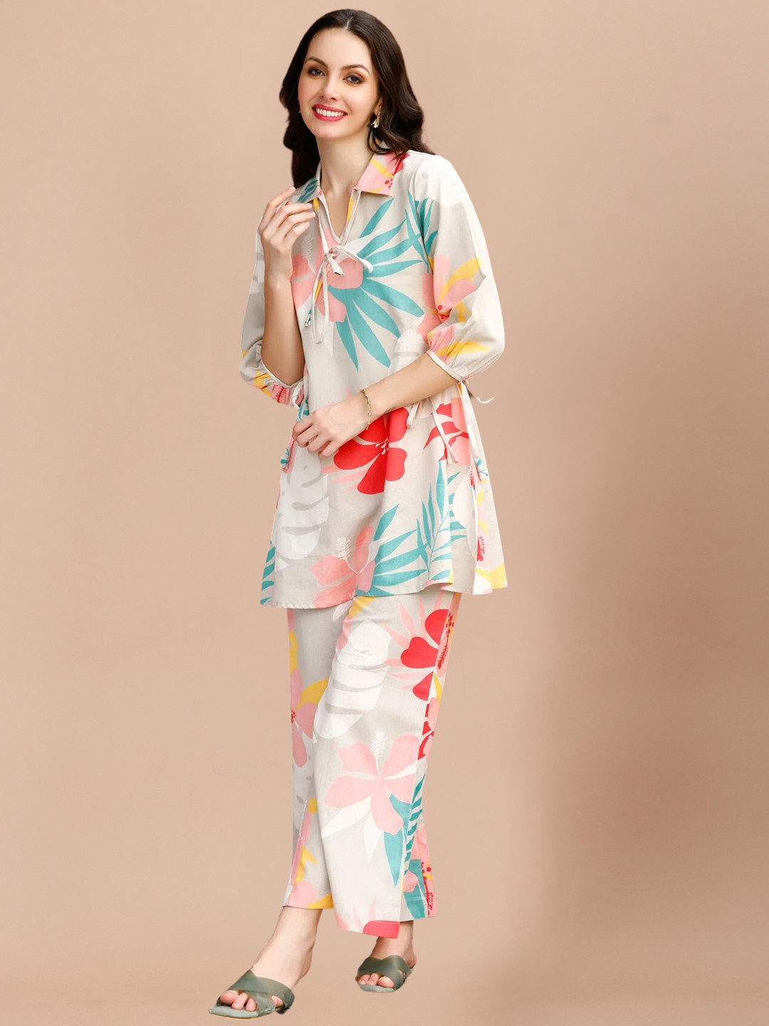 

SIDYAL Floral Printed Shirt Collar Kurti With Palazzos, White