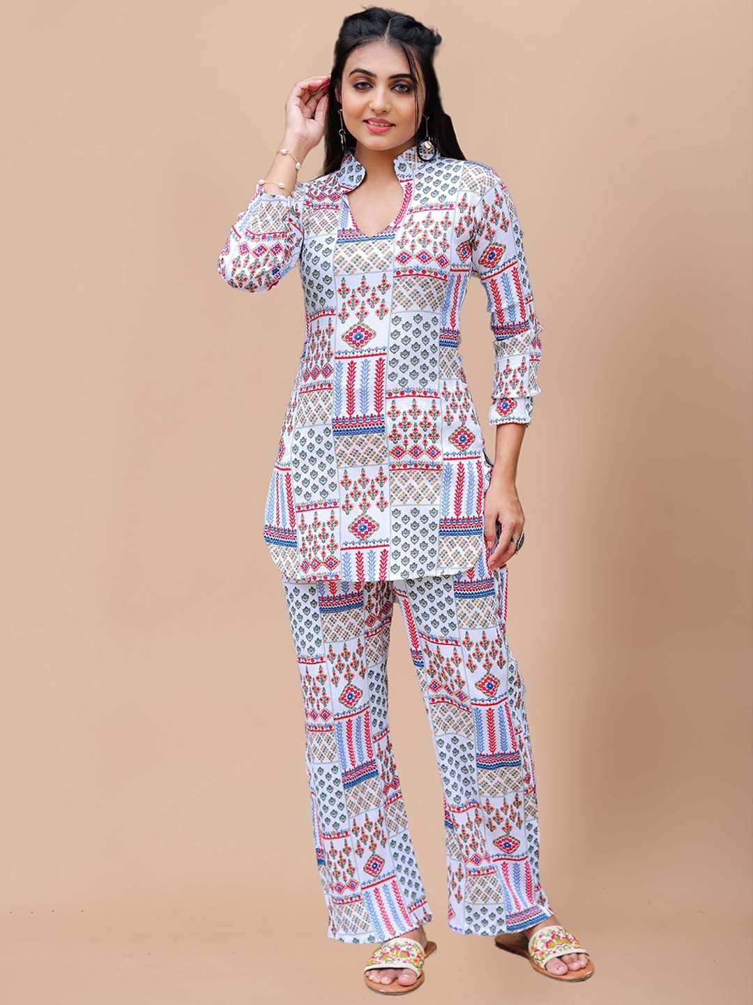 

SIDYAL Printed Mandarin Collar Kurti With Trouser, White