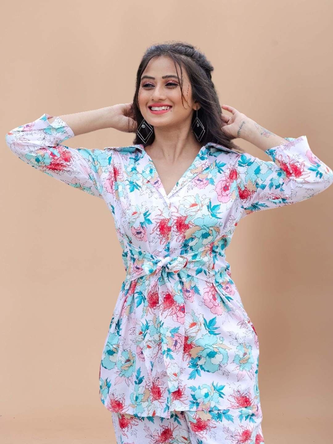 

SIDYAL Floral Printed Shirt Collar Shirt and Trousers Co-Ords, White