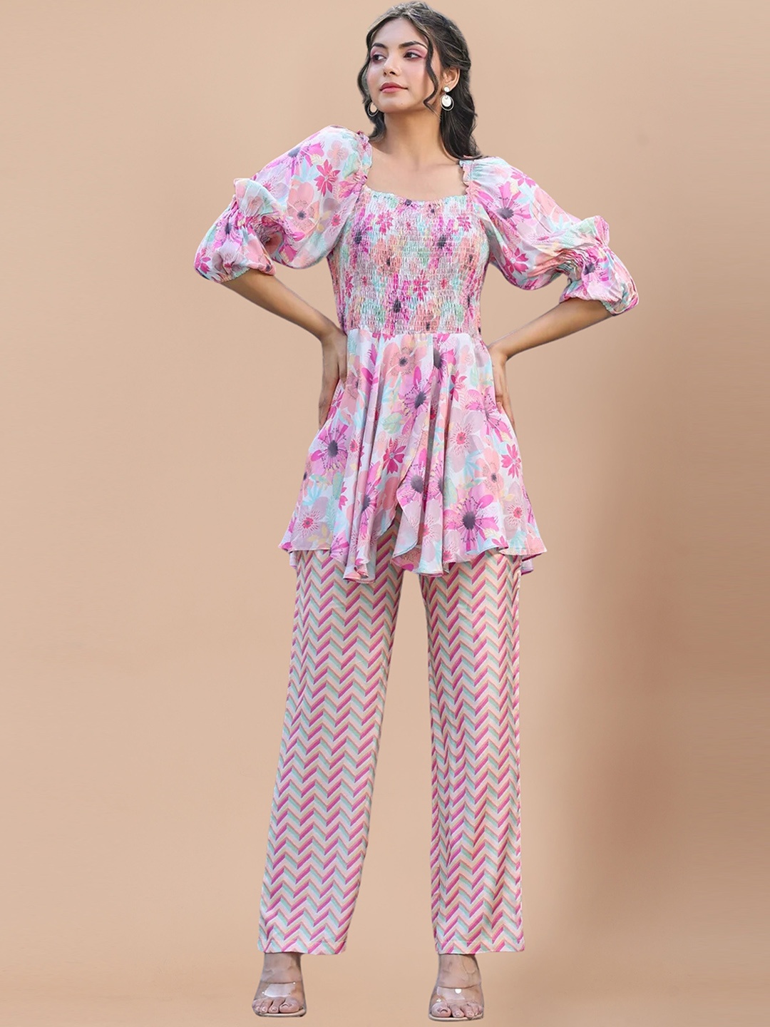

SIDYAL Floral Printed Tunic and Trousers Co-Ords, Pink