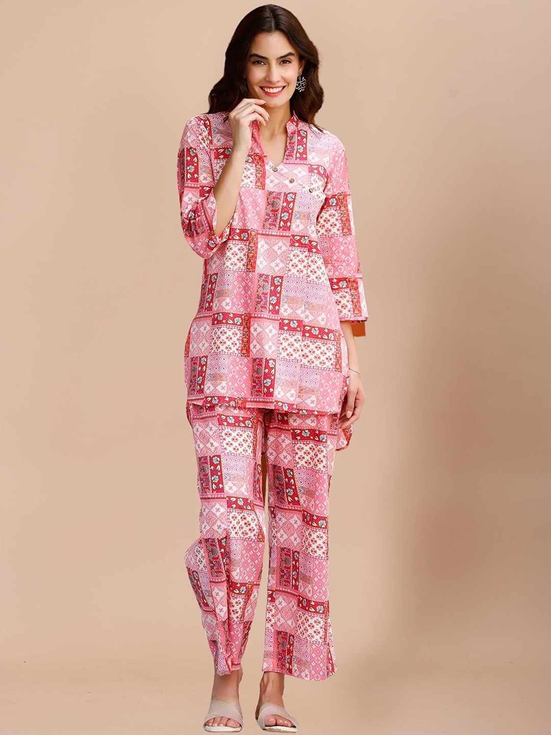 

SIDYAL Ethnic Motif Printed Mandarin Collar Top and Trousers Co-Ords, Pink