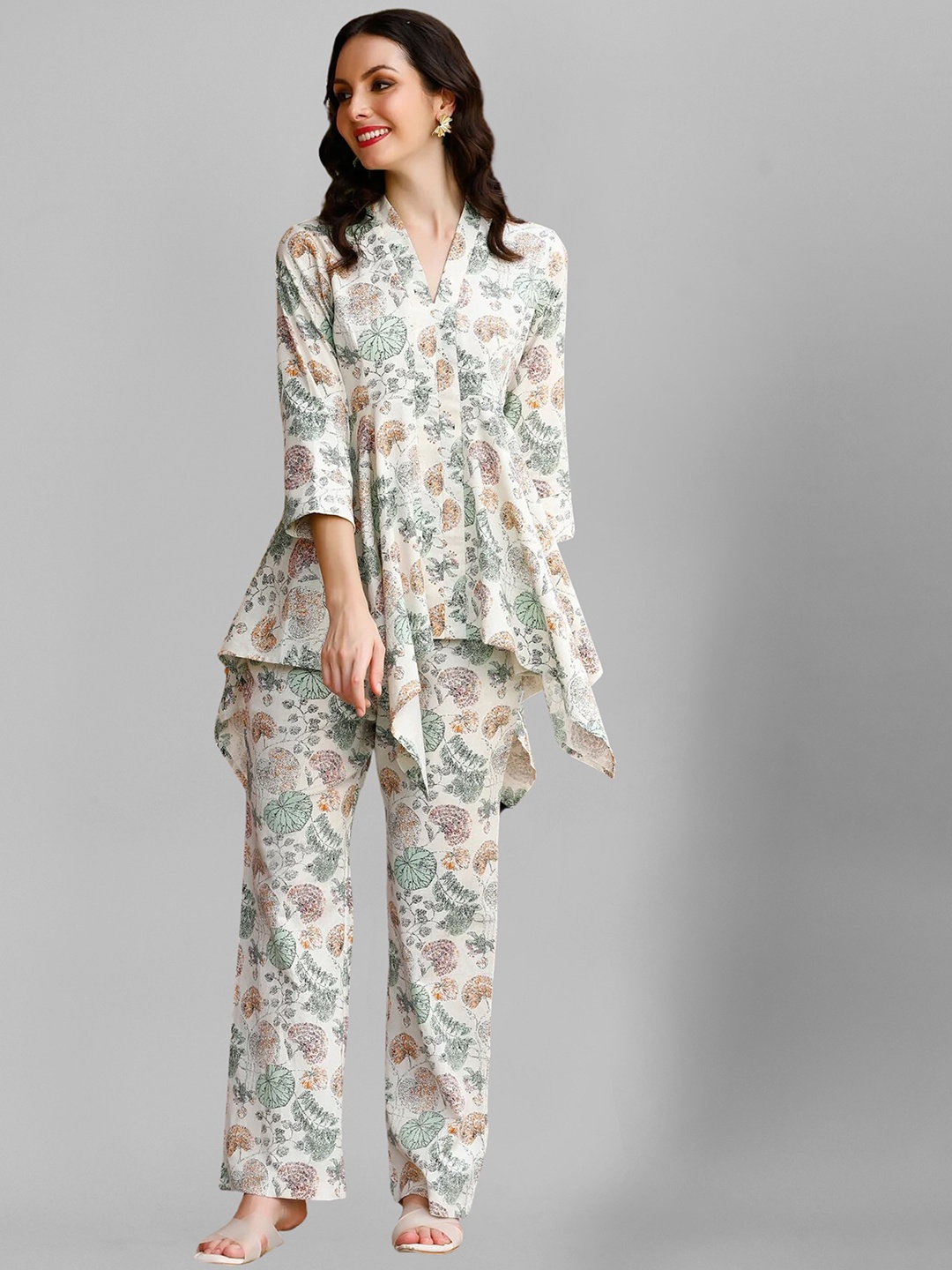 

SIDYAL Floral Printed Top and Trousers Co-Ords, Cream