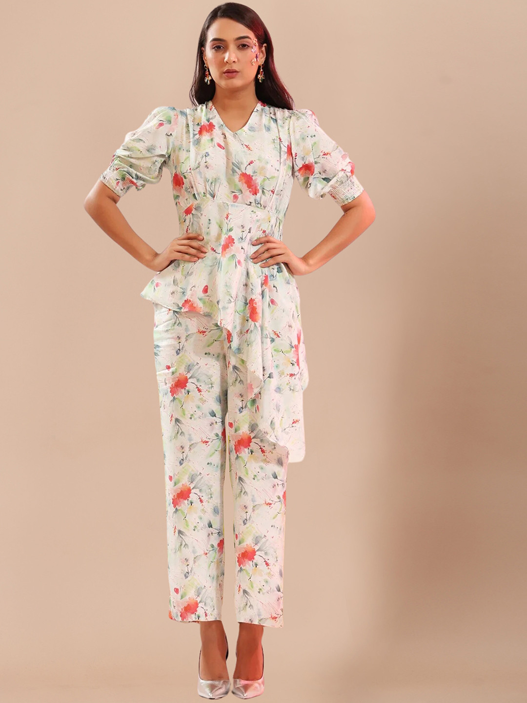 

SIDYAL Floral Printed Top With Straight Trousers, White