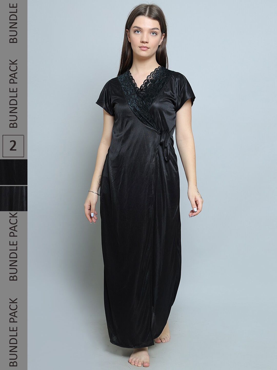 

XPIOX Pack Of 2 Satin Maxi Nightdress, Black
