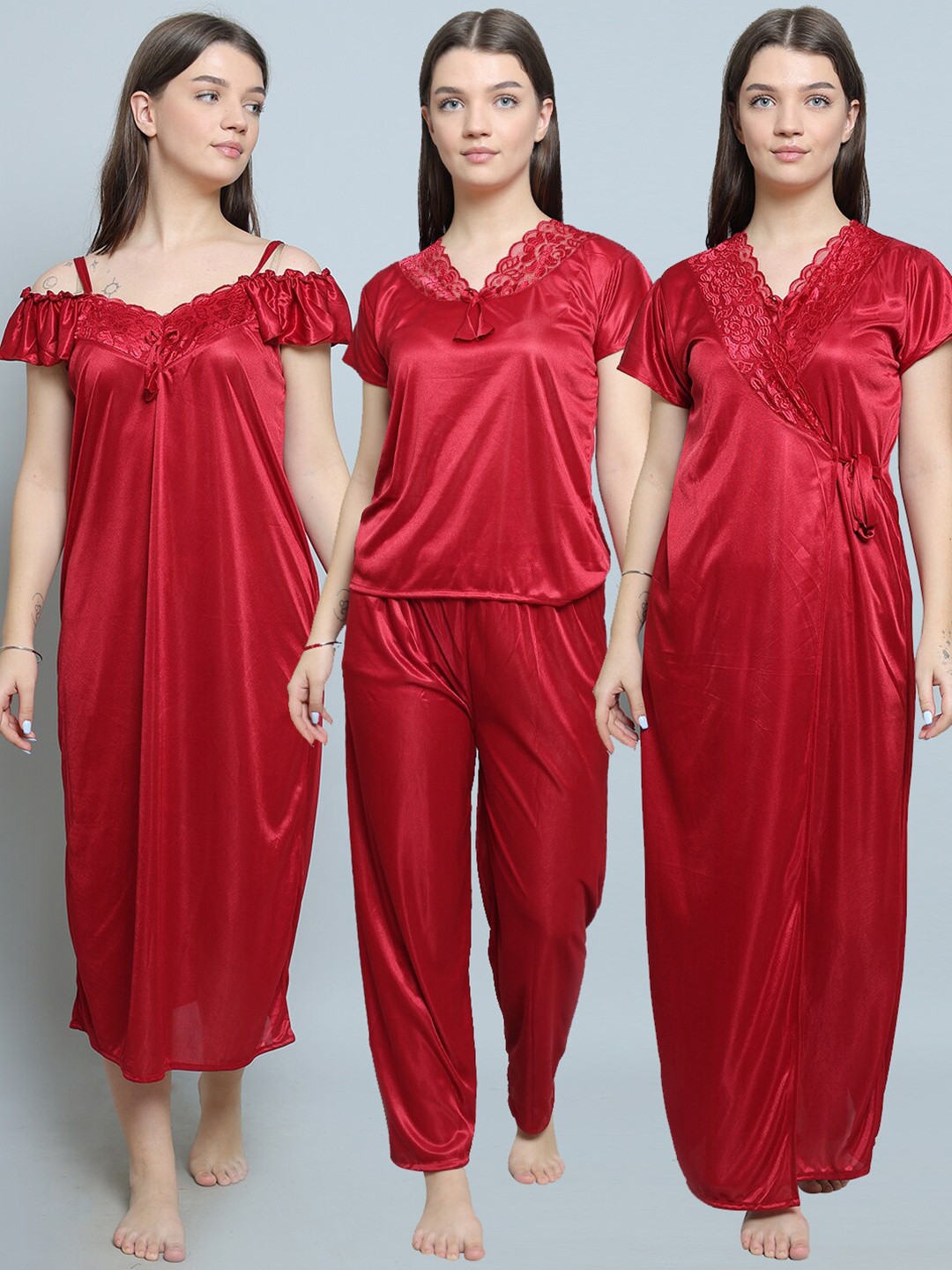 

XPIOX Pack Of 3 Satin Maxi Nightdress, Red