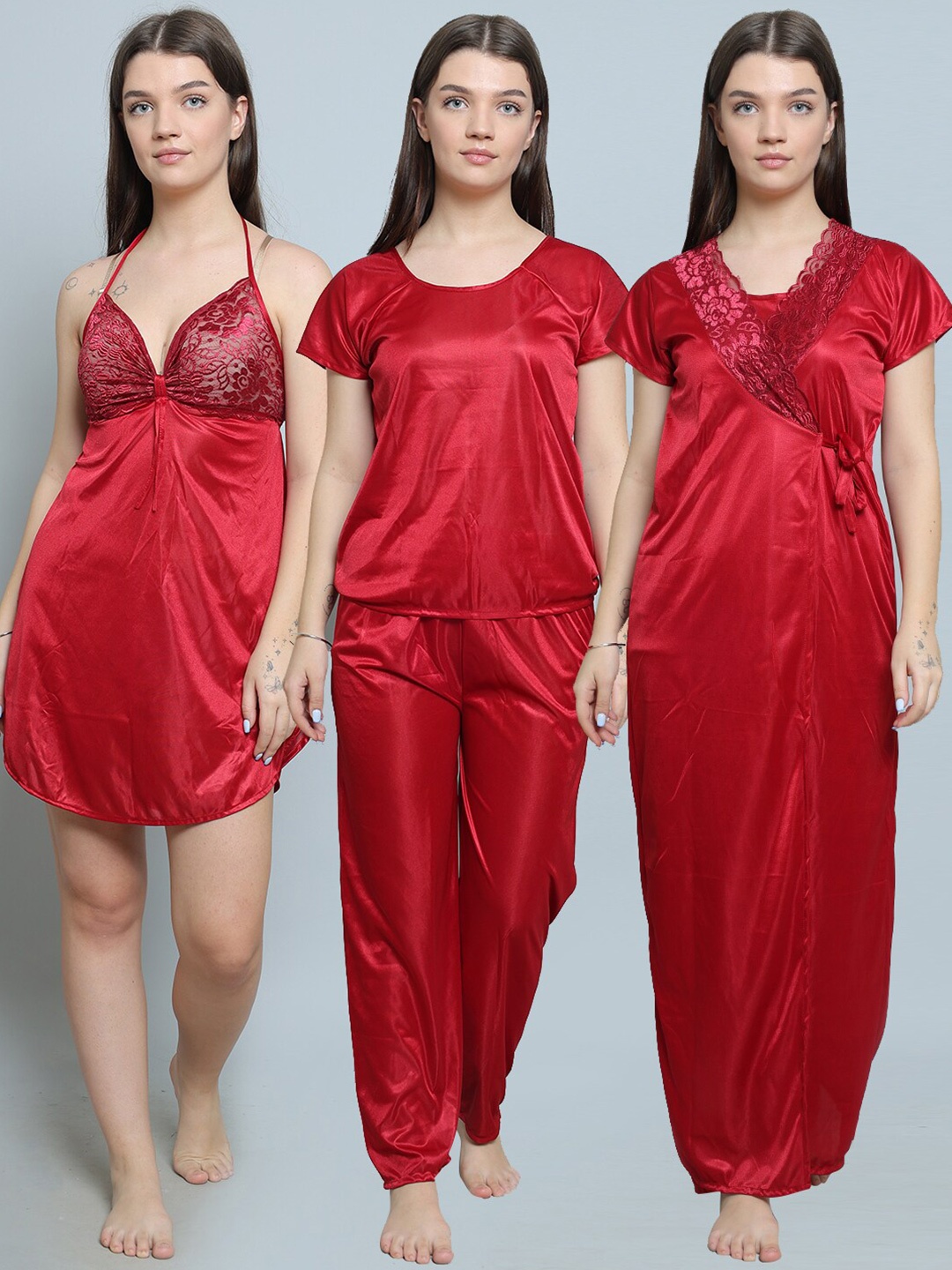 

XPIOX Pack Of 3 Satin Maxi Nightdress, Red