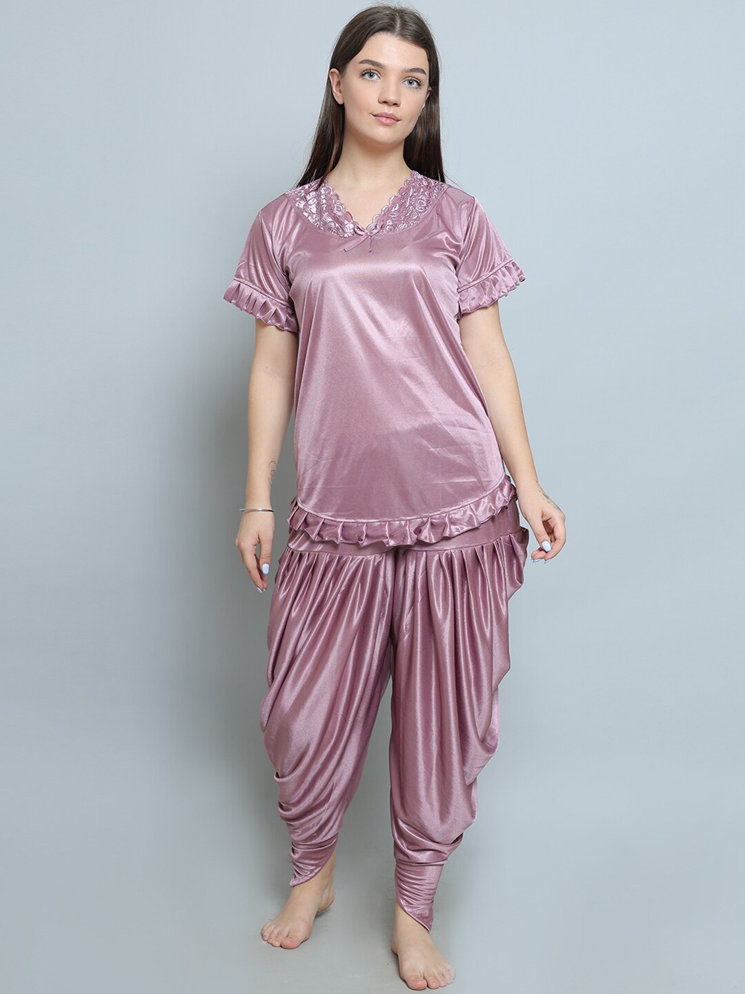 

XPIOX Lace & Ruffled V-Neck Short Sleeves Top & Pyjamas, Purple