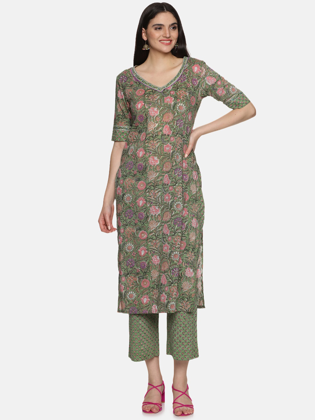 

JAIPURIBANNO Floral Printed V-Neck Regular Pure Cotton Straight Kurta with Trousers, Green