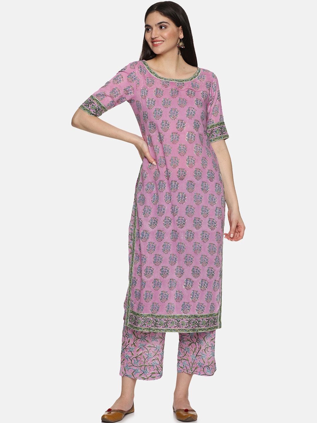 

JAIPURIBANNO Ethnic Motifs Printed Regular Pure Cotton Kurta with Palazzos, Lavender