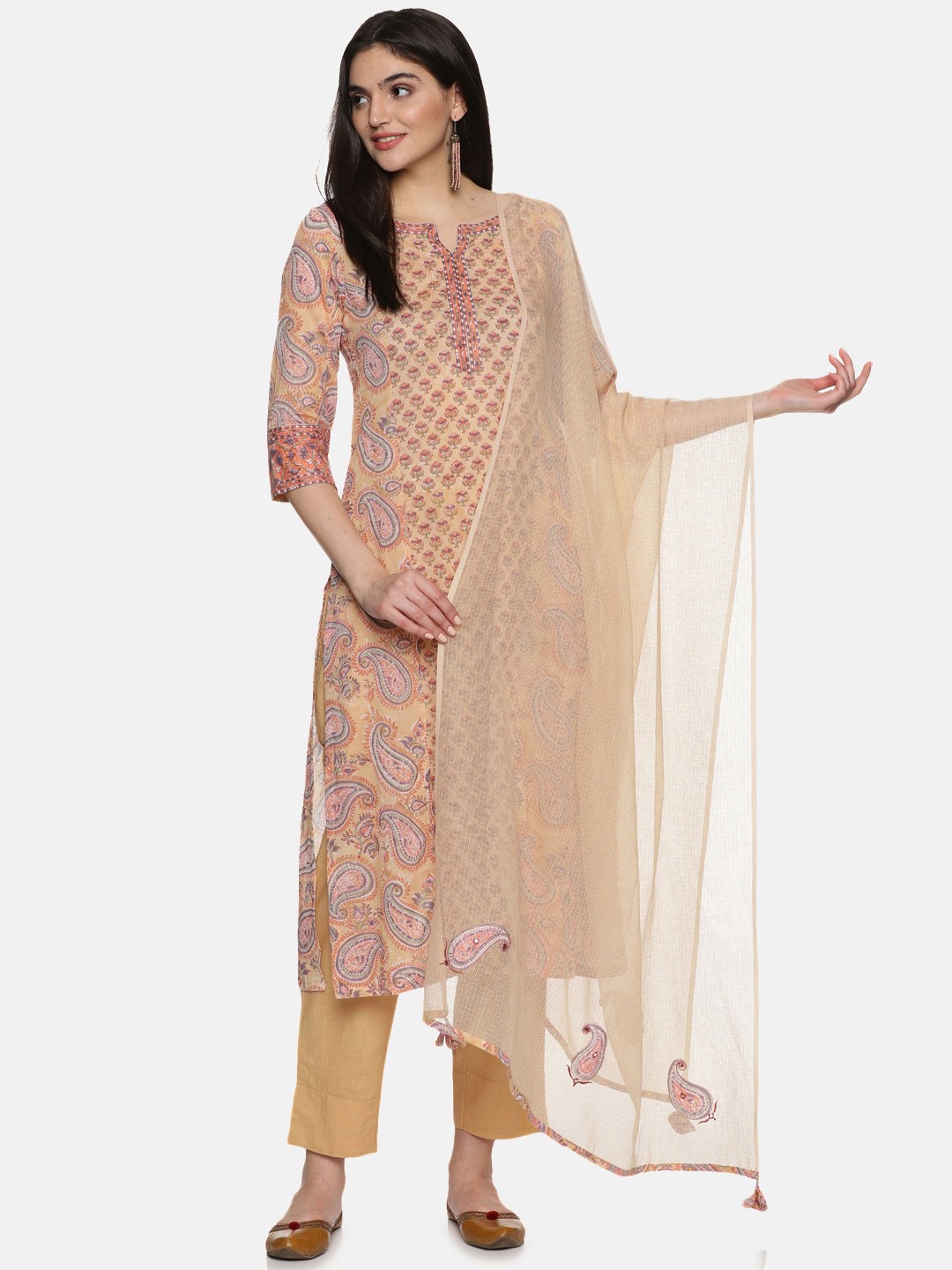 

JAIPURIBANNO Ethnic Motifs Printed Regular Pure Cotton Kurta & Trousers With Dupatta, Brown