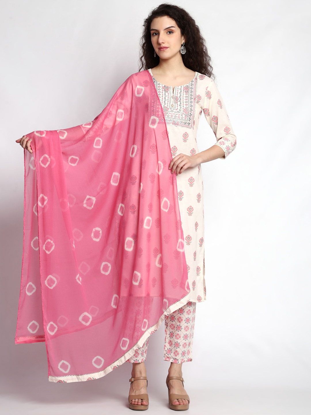 

JC4U Ethnic Motifs Printed Regular Pure Cotton Kurta & Trousers With Dupatta, Pink