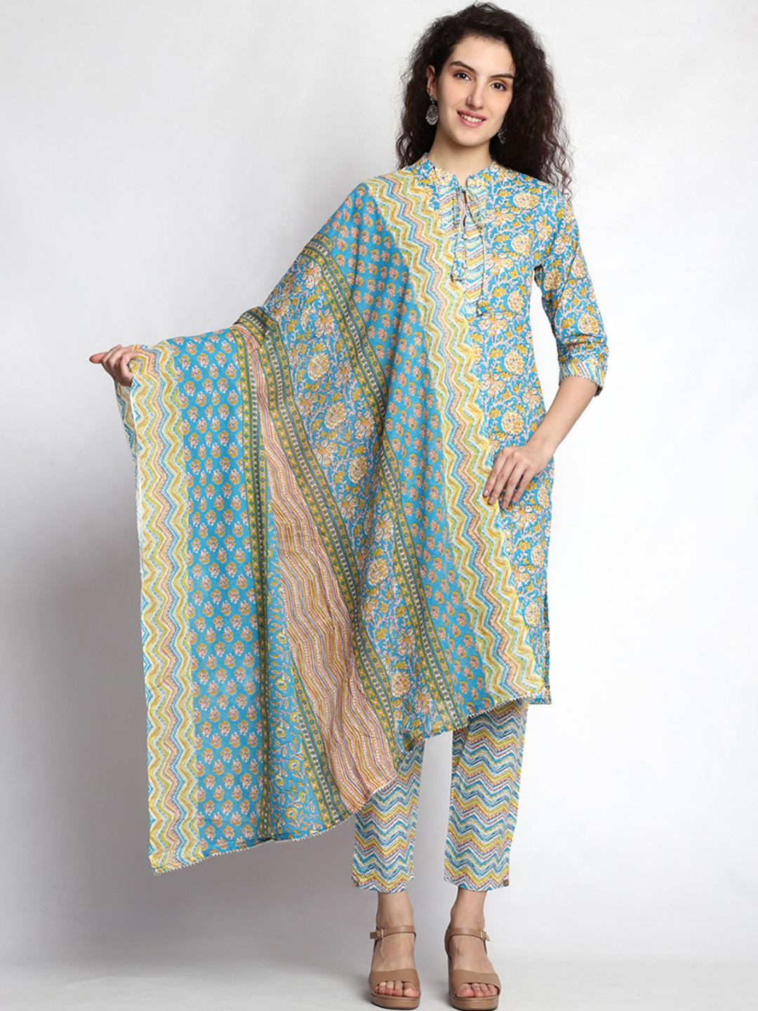 

JC4U Floral Printed Mandarin Collar Gotta Patti Pure Cotton Kurta & Trousers With Dupatta, Blue