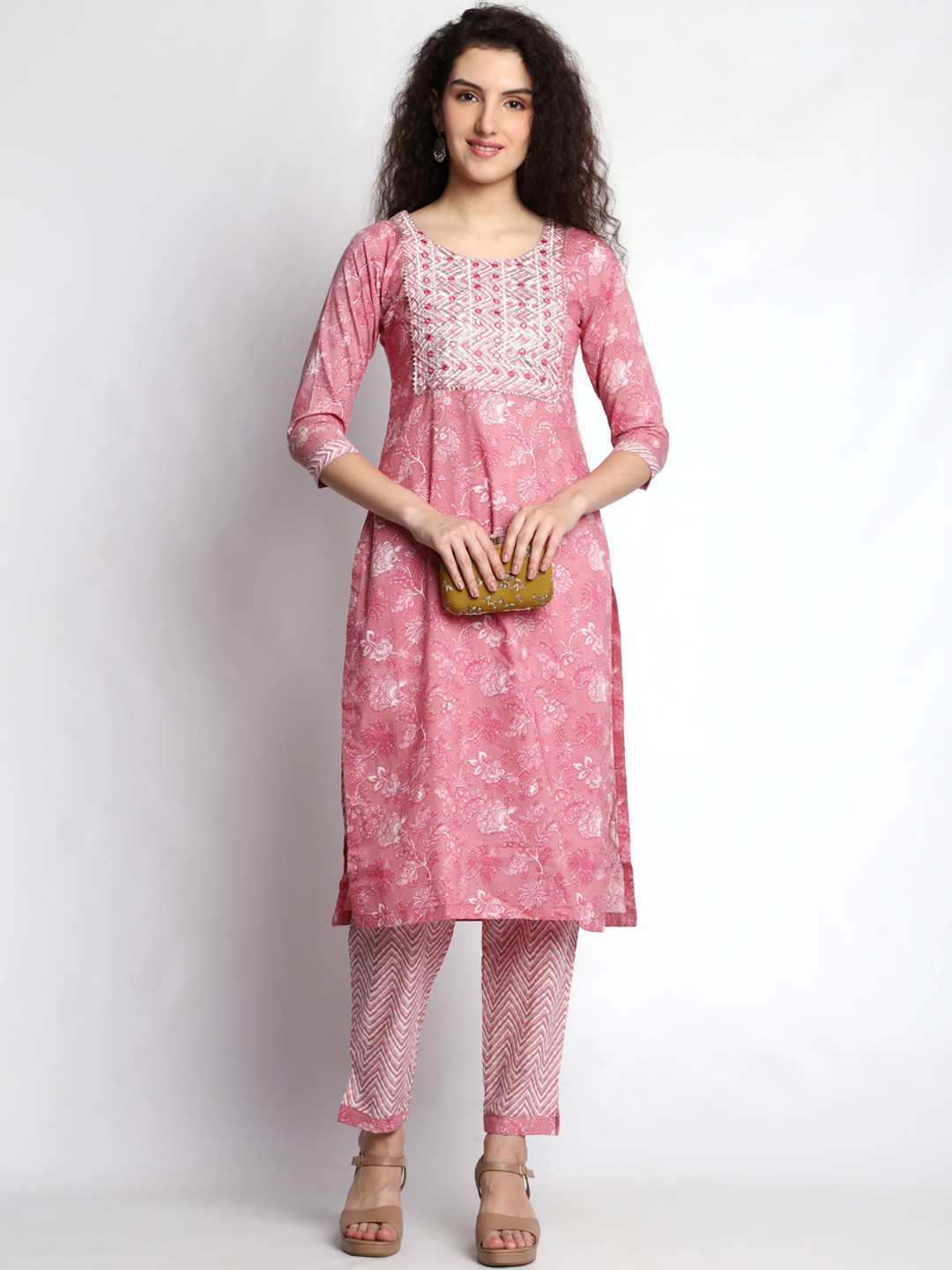 

JC4U Floral Printed Regular Mirror Work Pure Cotton Kurta with Trousers & With Dupatta, Pink