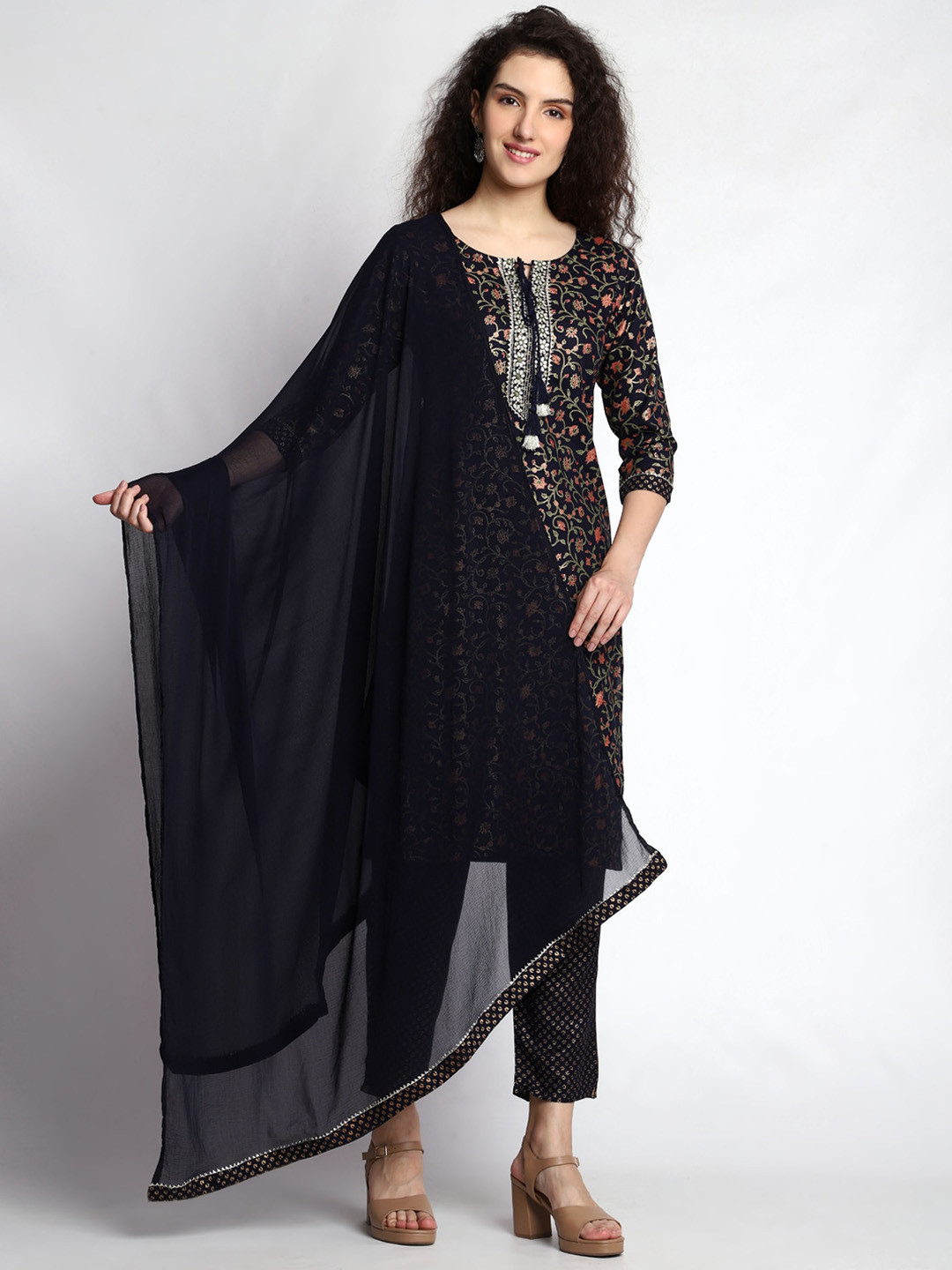

JC4U Ethnic Motifs Printed Tie-Up Neck Gotta Patti Kurta with Trousers & With Dupatta, Blue