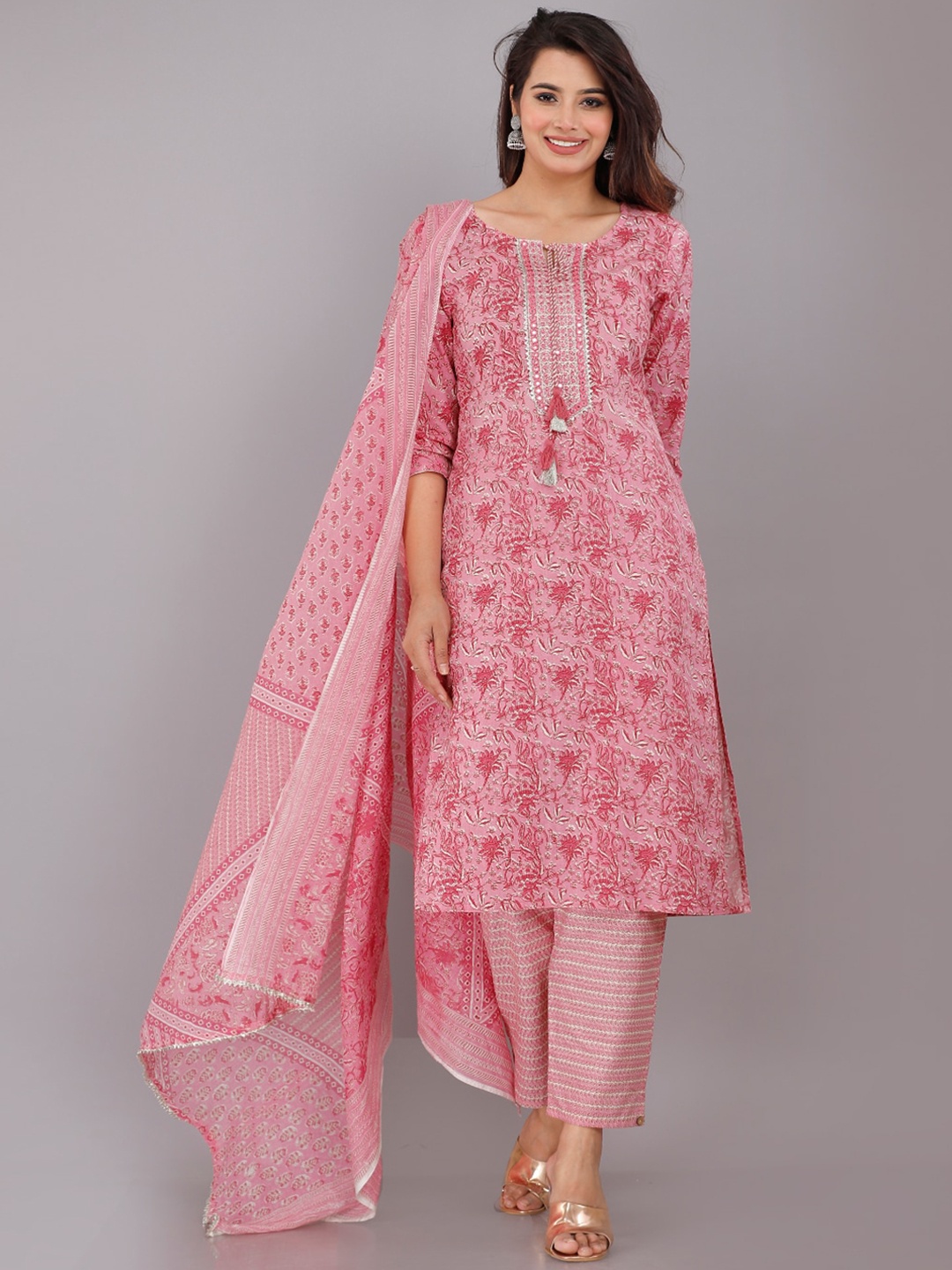 

JC4U Ethnic Motifs Printed Gotta Patti Pure Cotton Kurta with Trousers & With Dupatta, Pink