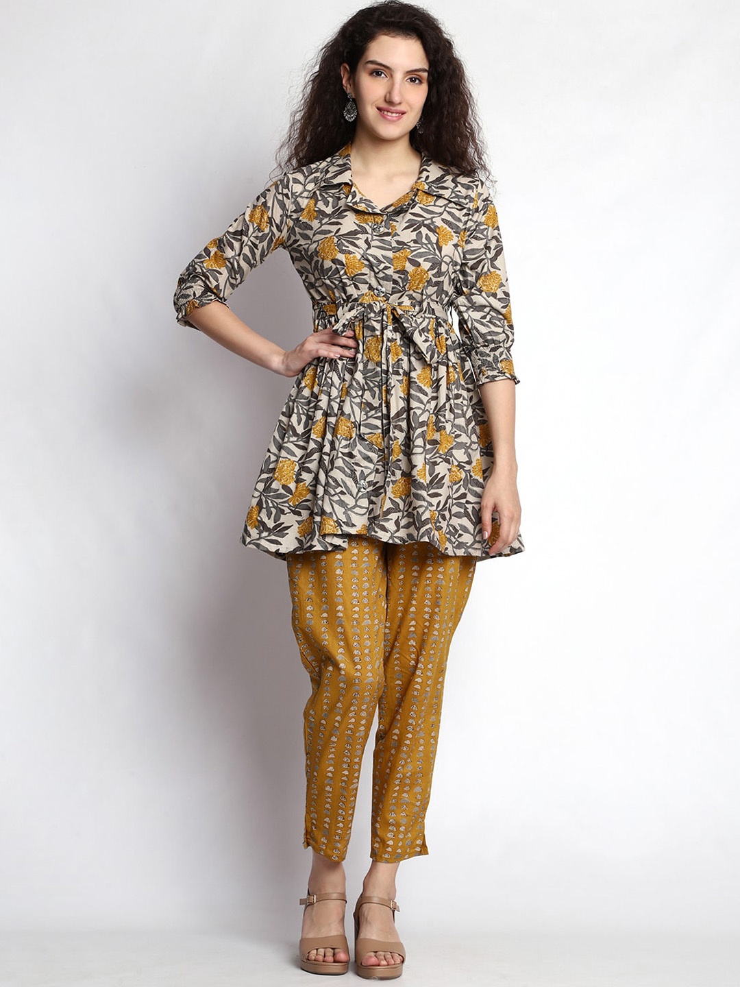 JC4U Ethnic Motifs Printed Pure Cotton A-Line Kurti With Trouser, White