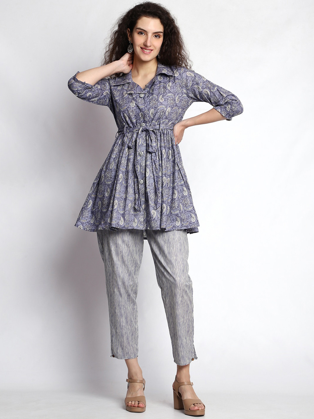 

JC4U Ethnic Motifs Printed Pure Cotton A-Line Kurti With Trouser, Blue