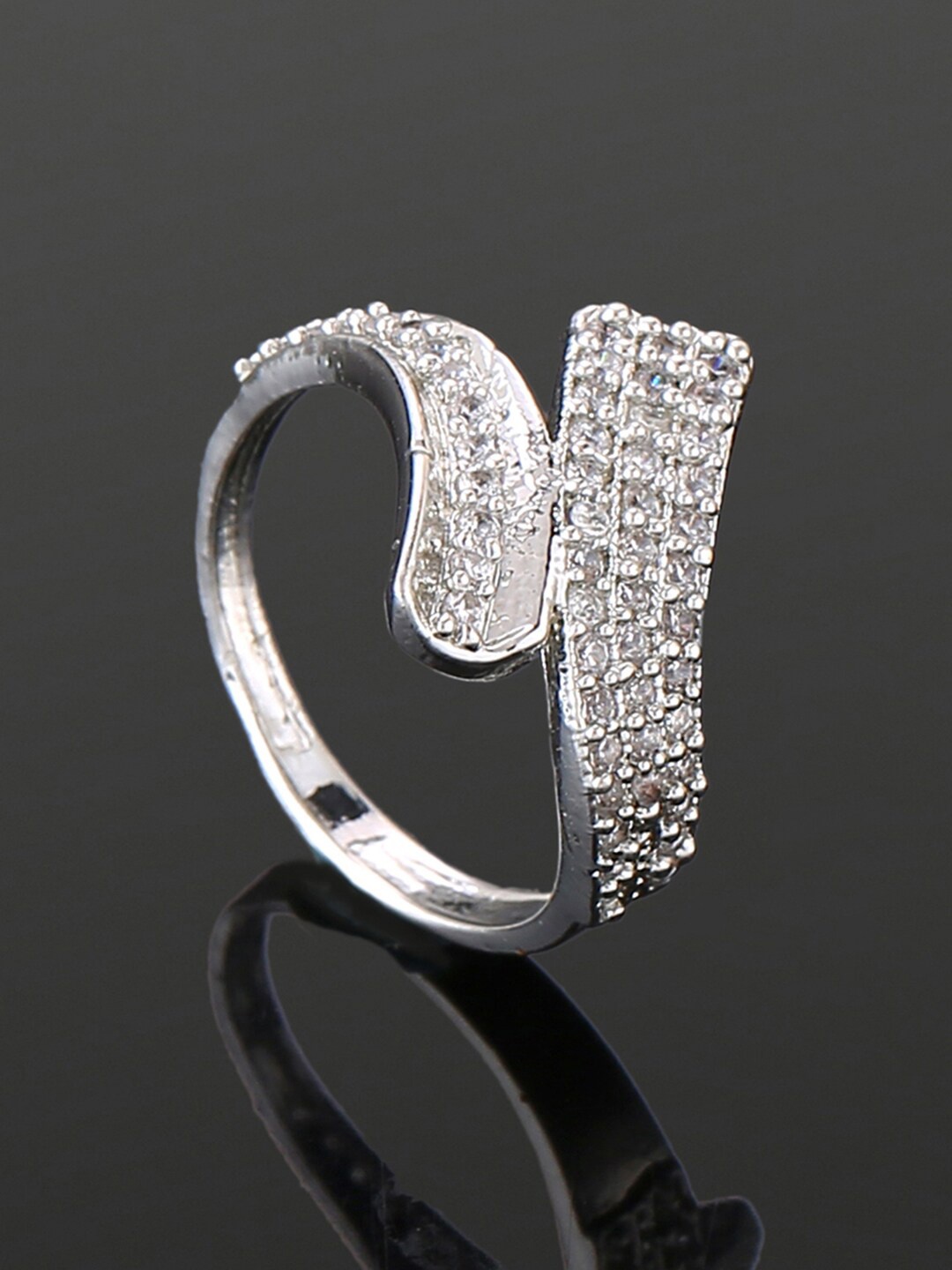 

Estele Rhodium-Plated Stone-Studded Adjustable Finger Ring, Silver