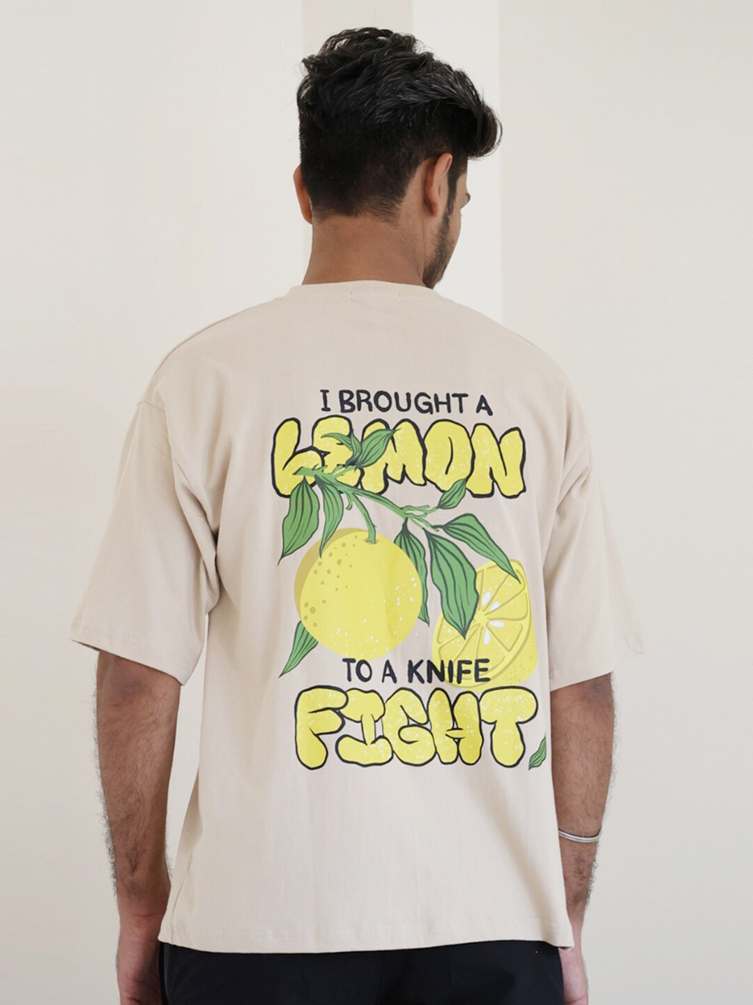 Nautankishaala Typography Printed Oversized Cotton T-shirt, Beige
