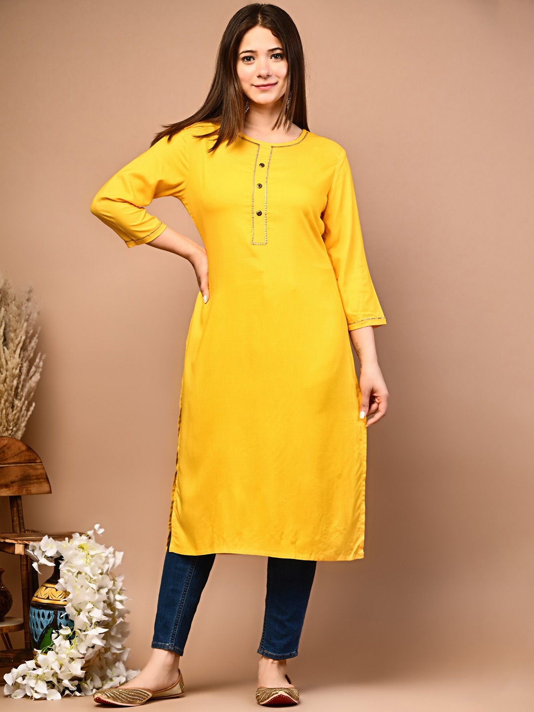 

Rimeline Gotta Patti Straight Kurta, Yellow