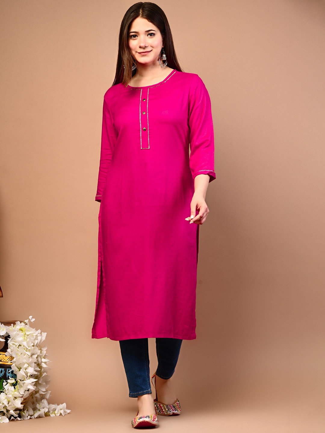 

Rimeline Round Neck Straight Kurta, Pink