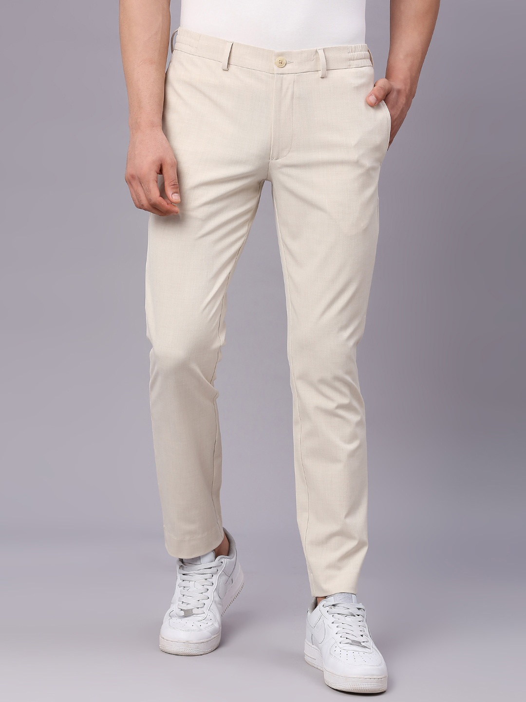 

ONEMILE Men Smart Slim Fit Mid Rise Trousers, Off white