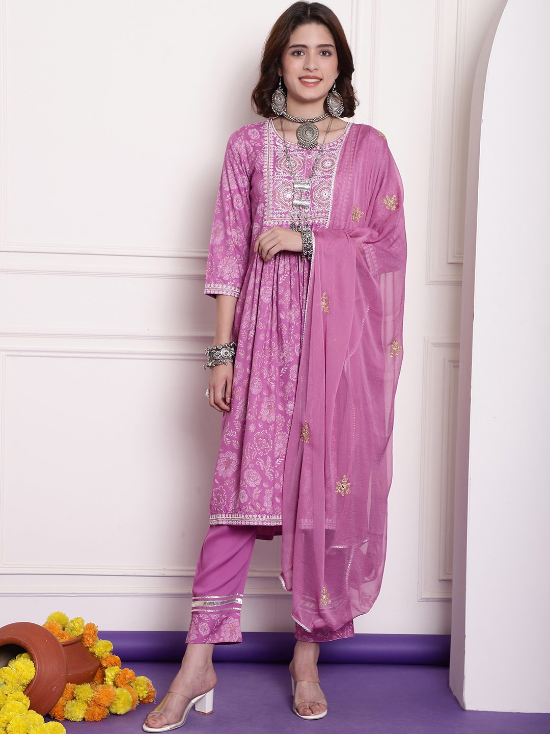 

KALINI Floral Printed Pleated Thread Work Kurta With Trousers & Dupatta, Pink