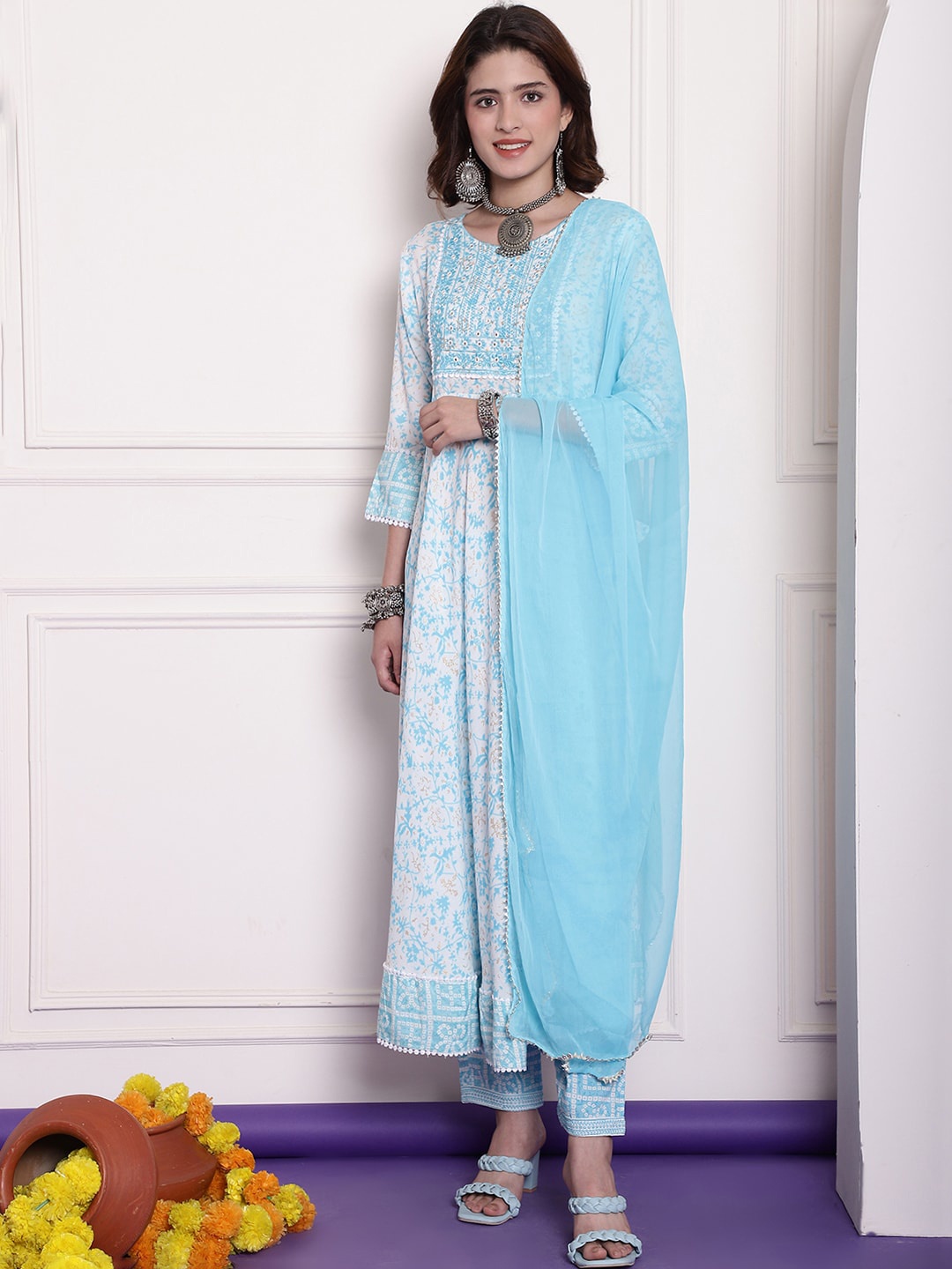 KALINI Floral Printed Regular Thread Work Kurta With Trousers & Dupatta, Blue