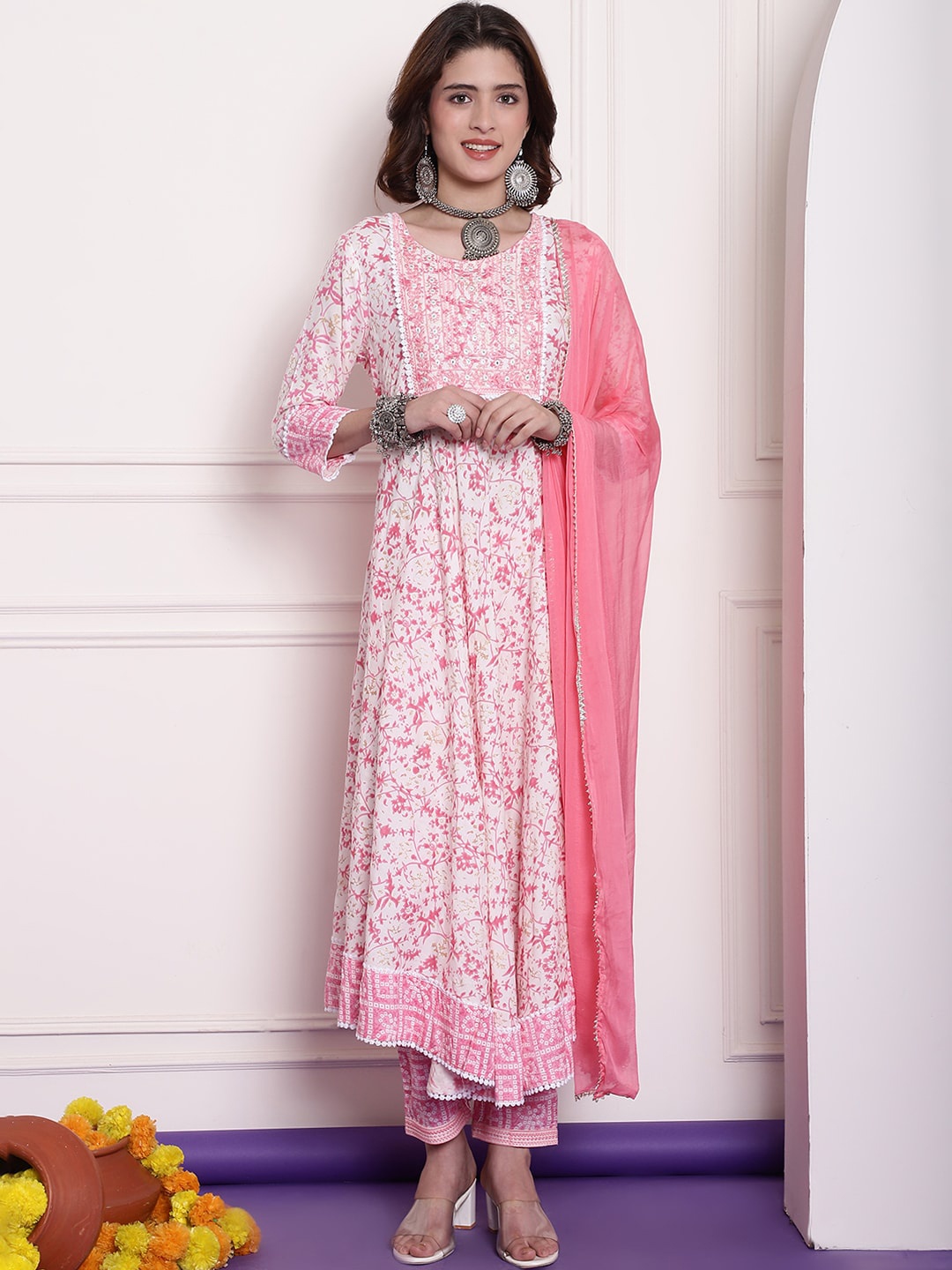 

KALINI Floral Printed Regular Mirror Work Kurta With Trousers & Dupatta, Pink