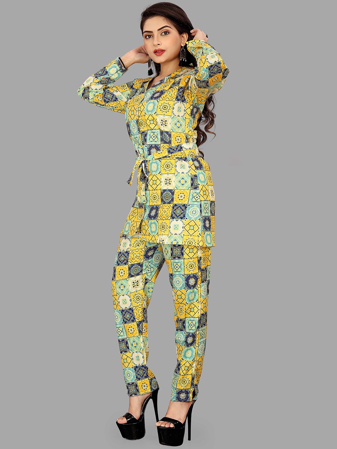 

Ekta Textiles Geometric Printed Cuban Collar Tie-Up Shirt With Printed Trousers, Yellow