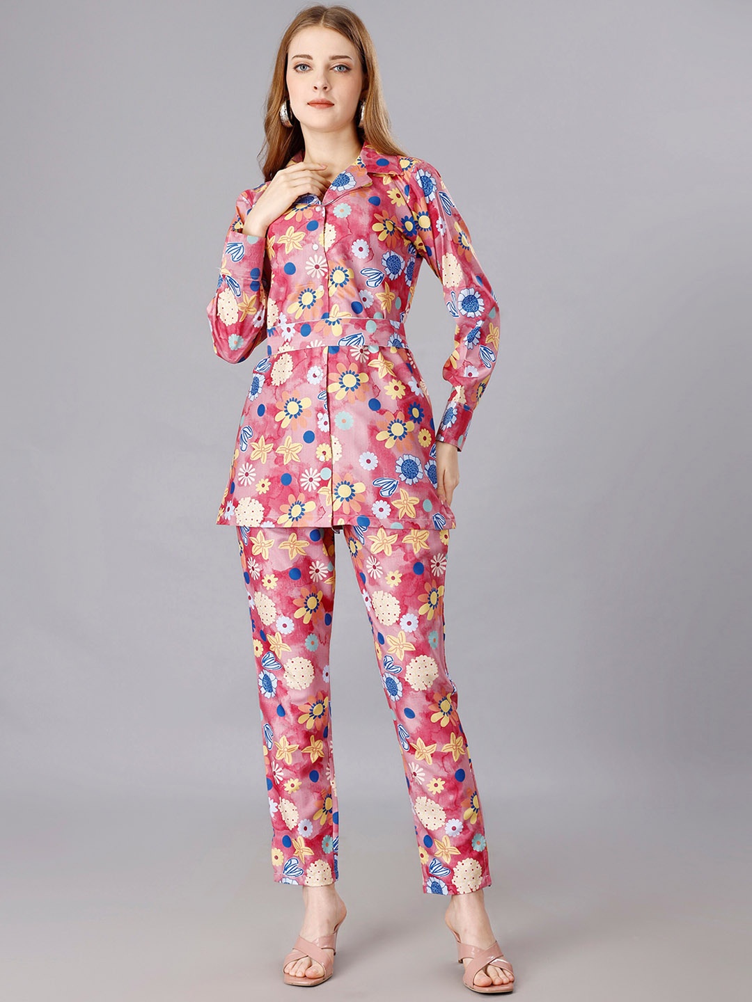

Ekta Textiles Floral Printed Shirt-Collar Belted Shirt With Printed Trouser Co-Ords, Pink