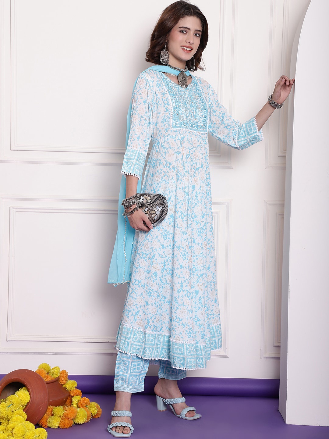 

ANAISA Floral Printed and Embroidered Yoke Design A-Line Kurta with Trouser and Dupatta, Blue