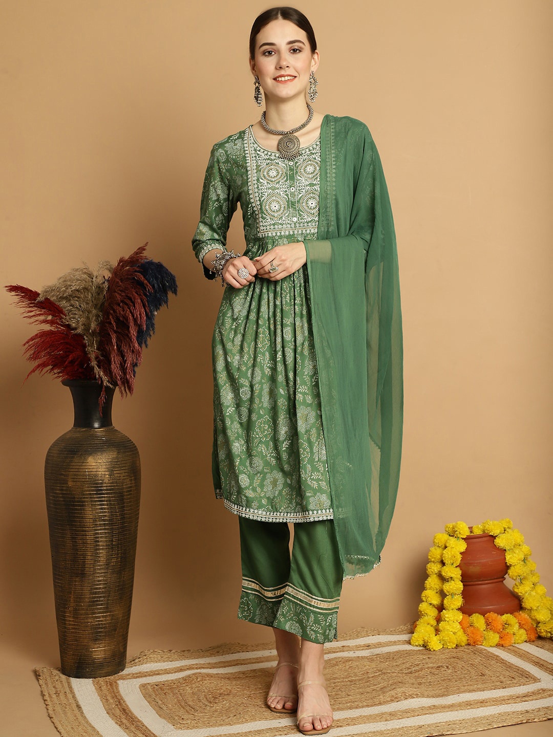 

ANAISA Floral Printed Embroidered Yoke Design Pleated Kurta with Trouser and Dupatta, Green