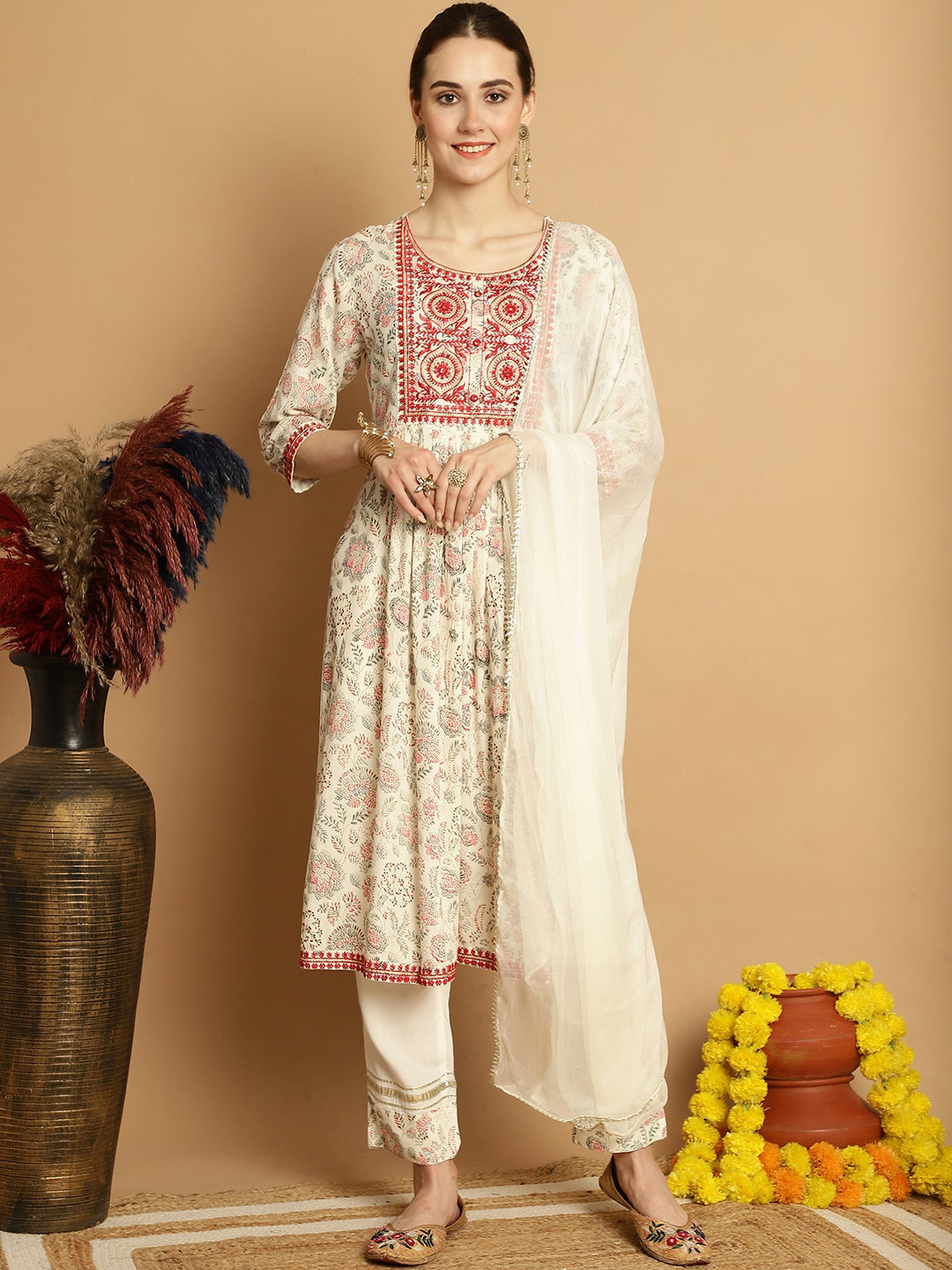 

ANAISA Floral Printed Embroidered Yoke Design Pleated Kurta with Trouser and Dupatta, Beige