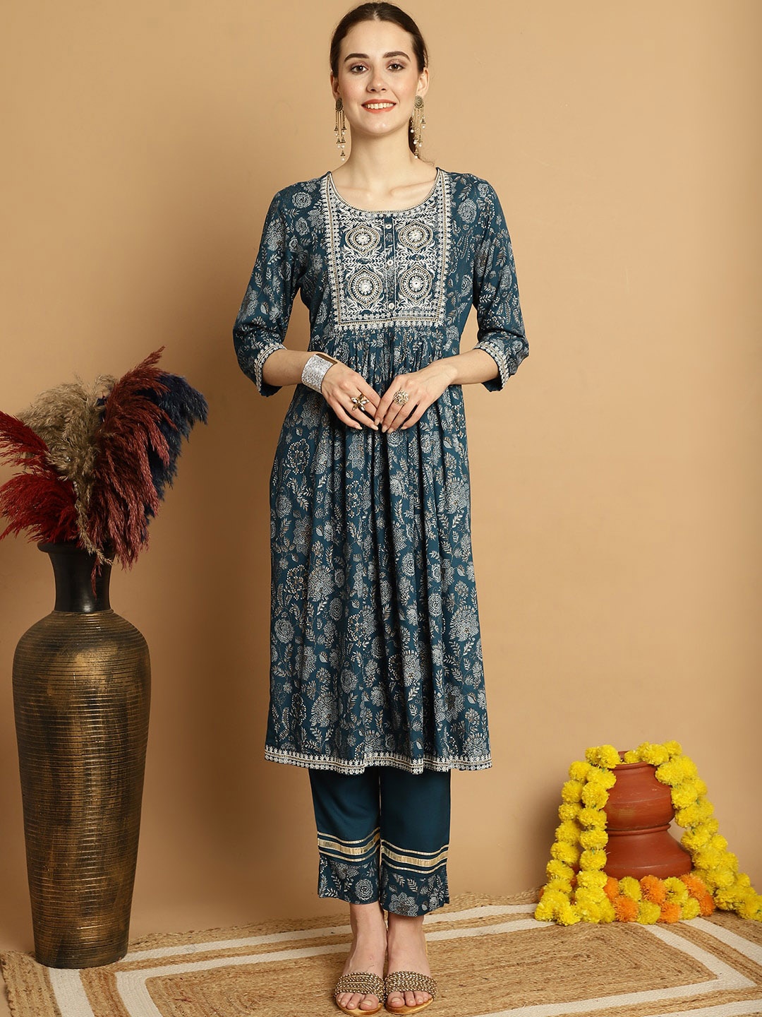 

ANAISA Floral Printed Embroidered Yoke Design Pleated Kurta with Trouser, Teal