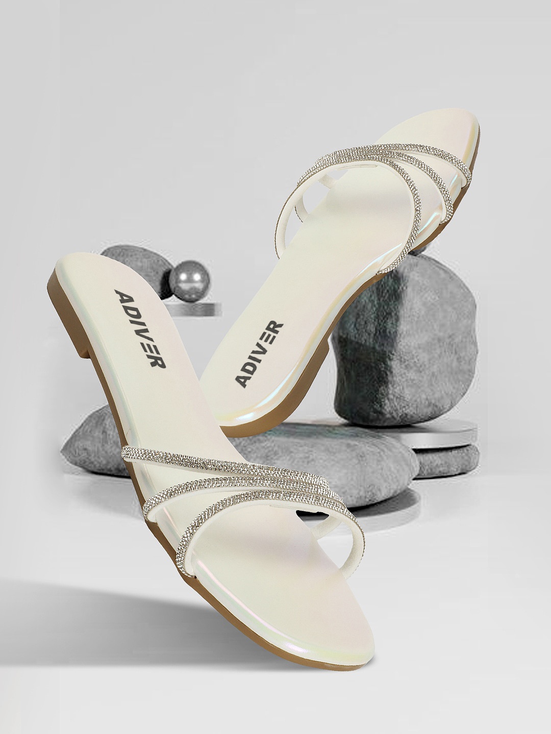 

ADIVER Embellished Open Toe Flats, White