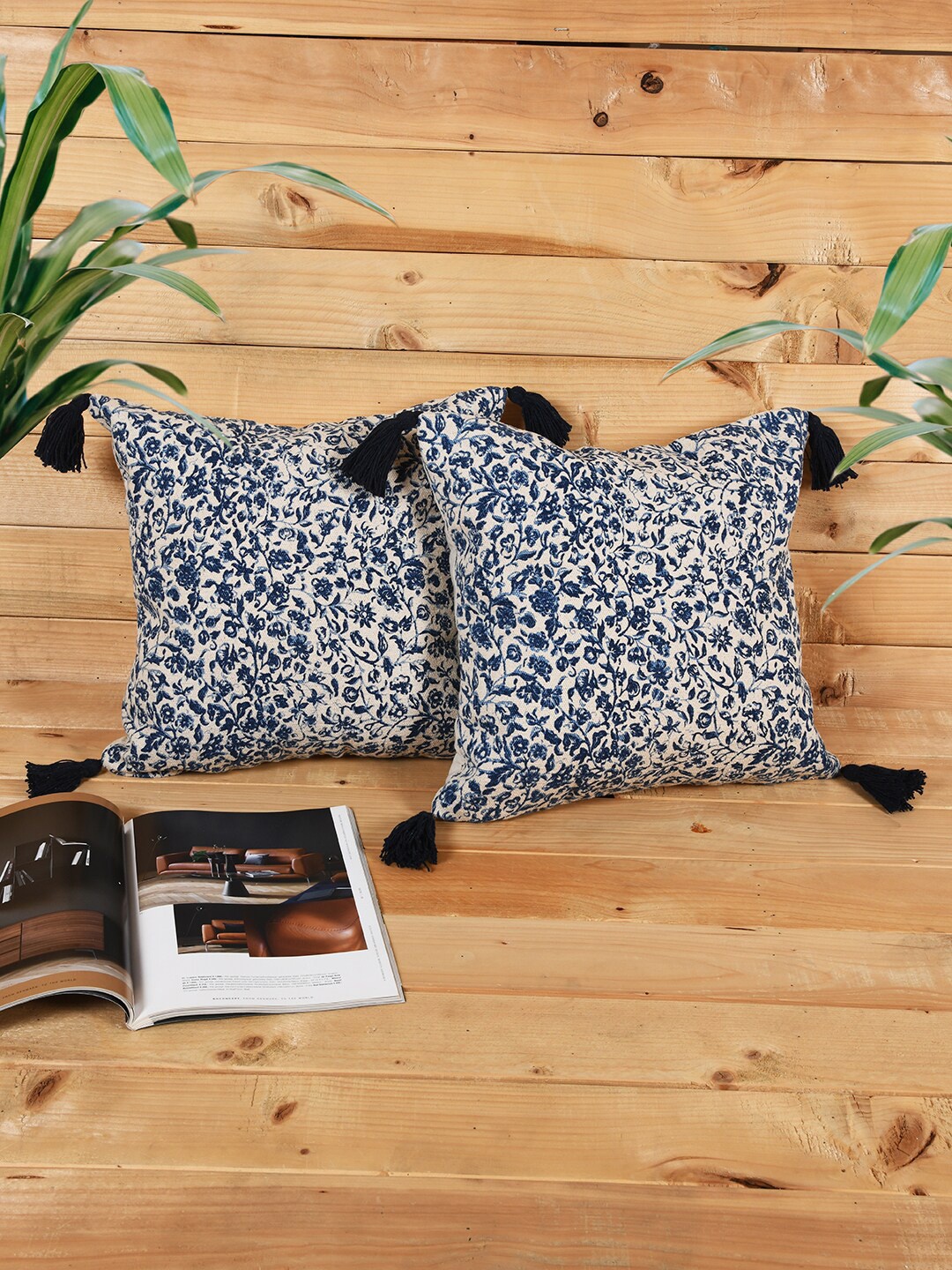 

KRAVIKA Navy Blue & White 2 Pieces Floral Printed Embellished Cotton Square Cushion Covers